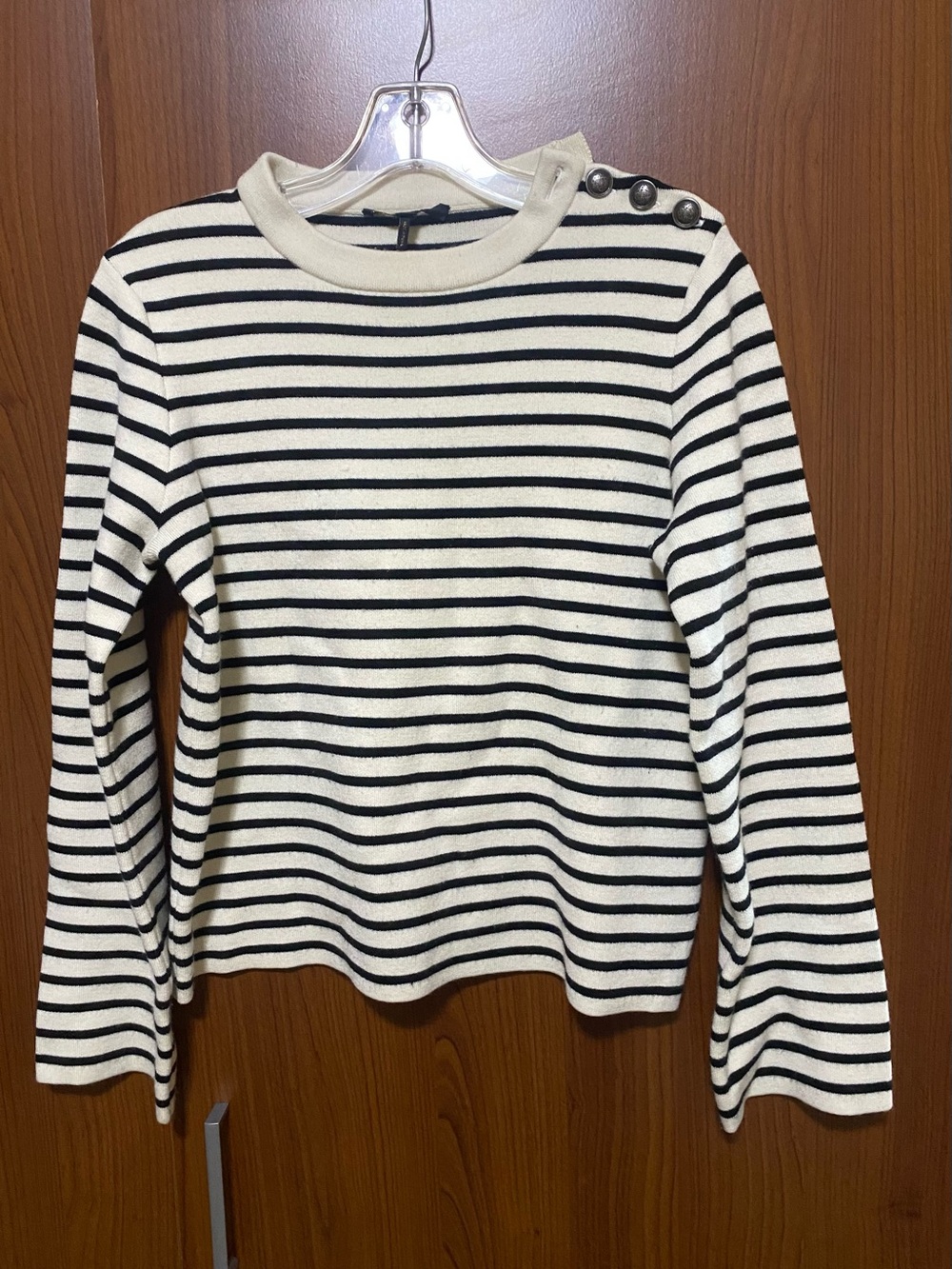 Maje Paris Black White Striped Wool Blend Sweater Logo Button Shoulder Size 2 EU